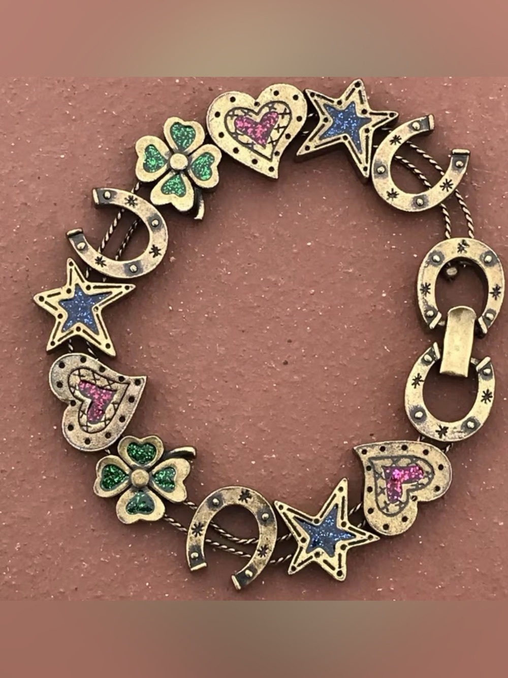 Western Vintage-Inspired Charm Bracelet with Pink, Blue & Green Accents
